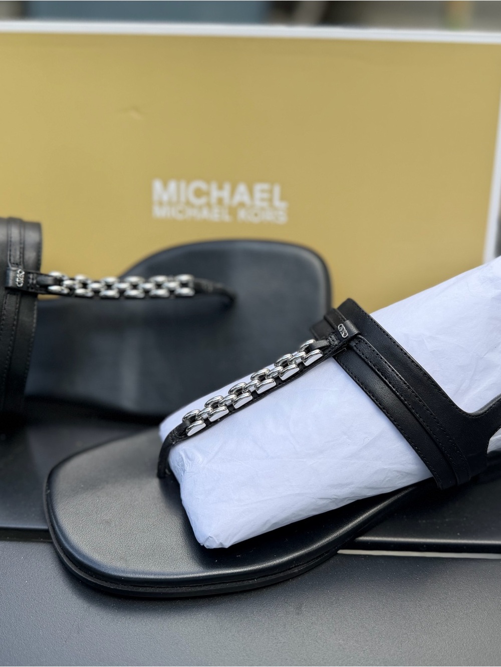 Michael Kors Black Leather Men's Sandals with Silver Chain Accent